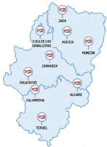 Mapa de Aragón donde se imparten las clases de inglés